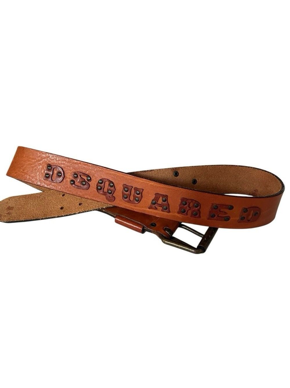 DSQUARED2 Brown Leather Belt Double Prong Studded Lettering Logo Brass Buckle M